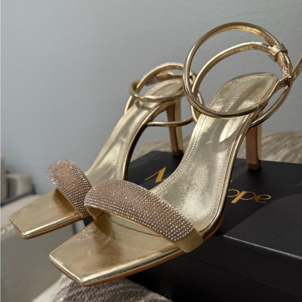 Modatope Womens Heels Square Open Toe Strappy Rhinestone High Heels - 9
